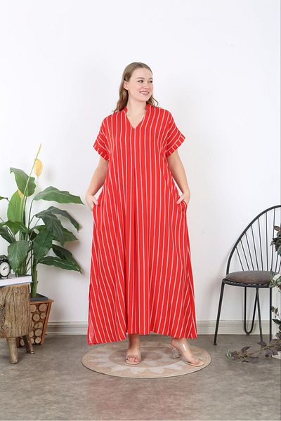 Şans Red Viscose Plus Size Dress - V-Neck Front Pleated and Side Slit Striped Long Dress 65N38739