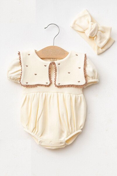 Cantoy Kız Bebek Maita Kalp Nakışlı Waffle Yazlık Tulum