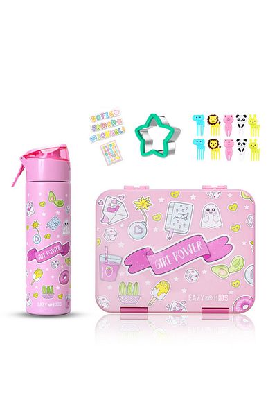 Eazy Kids صندوق غداء بينتو قابل للتحويل لـ 5 و4 أشخاص مع زجاجة مياه وقاطعة شطائر - وردي قوي للفتيات