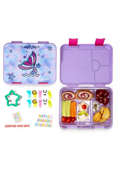 Eazy Kids مجموعة من 5 حقائب مدرسية بعجلات مع صندوق غداء وزجاجة ماء وحقيبة غداء وحافظة أقلام - حورية البحر أرجوانية