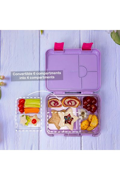 Eazy Kids مجموعة صندوق غداء بينتو قابل للتحويل بسعة 6 و4 قطع مع قاطعة ساندويتش - أرجوانية حورية البحر