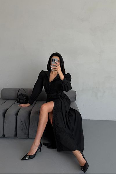 Neşeli Butik rochie detaliata dama din dantela neagra NBEMP2677