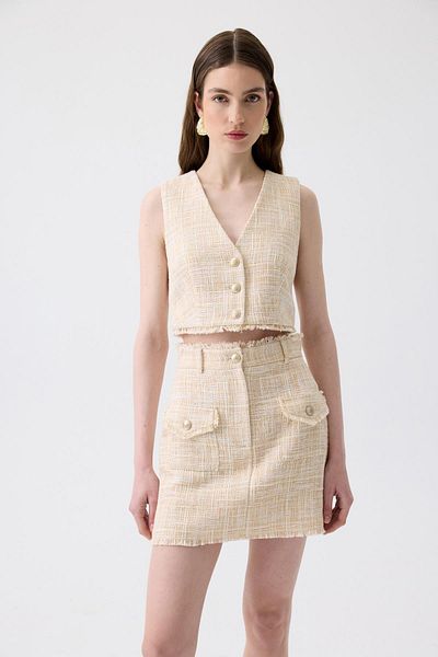 rue Μίνι φούστα Tweed Beige με λεπτομέρεια φούντας