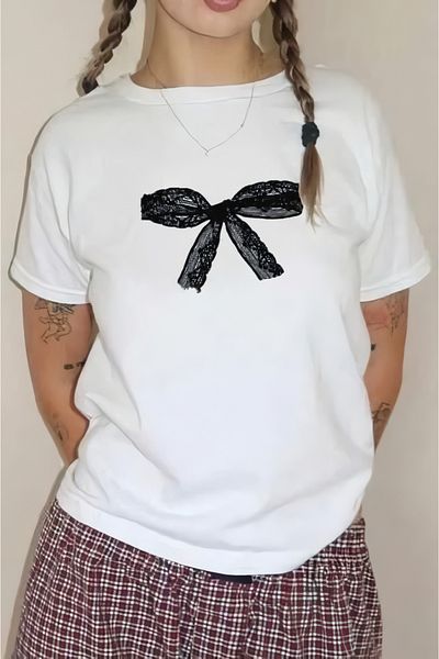 EFBUTİK White Unisex Lace Bow Graphic T-Shirt