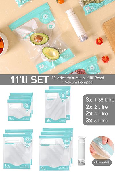 Meleni Home 11 Piece Vacuum Food Storage Bag Set - Ziplock Airproof Vacuum Bag with Vacuum Pump