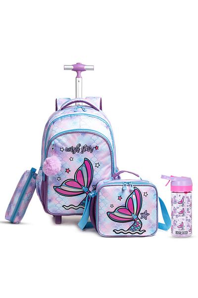 Eazy Kids مجموعة من 4 حقائب مدرسية بعجلات مقاس 18 بوصة مع زجاجة ماء وحقيبة غداء وحافظة أقلام - حورية البحر أرجوانية