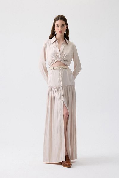 rue Ecru Long Skirt with Leather Belt and Drawstring Detail