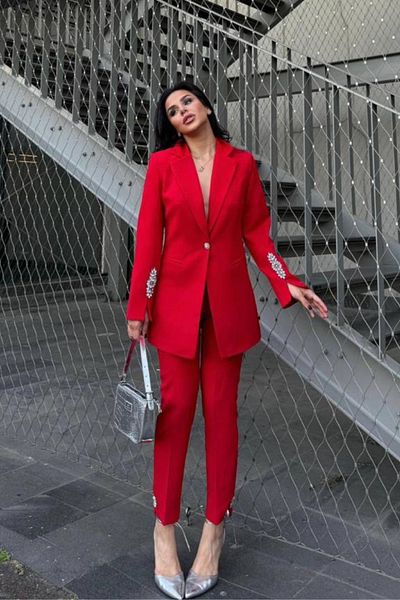 VZ BUTİK Women's Double Set Stone Detailed Pipe Leg Blazer Jacket Pants Set