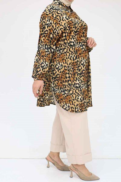 Eslina Plus Size Men's Collared Patterned Bureaucracy Tromp Fabric - Brown Leopard