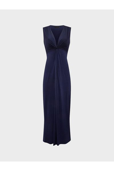 RİVUS Twisted Front Sleeveless Long Dress - Navy Blue