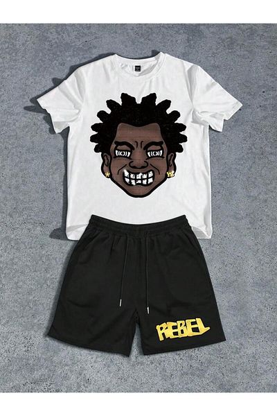 WNWGKN Trendpunky Unisex Hiphop Printed Bottom Top Shorts T-Shirt Set
