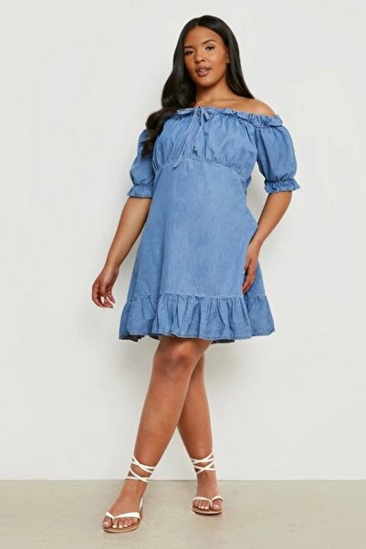 Şans Women's Plus Size Blue, Washed Denim Fabric, Hemline Ruffles, Off-The-Shoulder Dress 65N38797