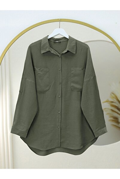 Modamorfo Сорочка-туніка з двома кишенями, овальним вирізом і складеними рукавами - хакі