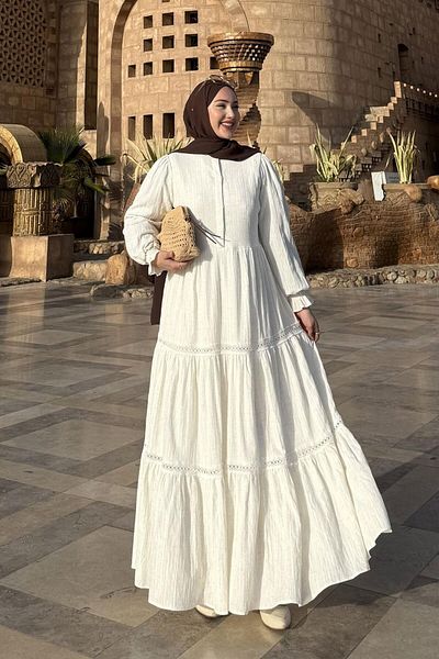 LOCCO Ecru Lace Detailed Sleeves Elastic Dress