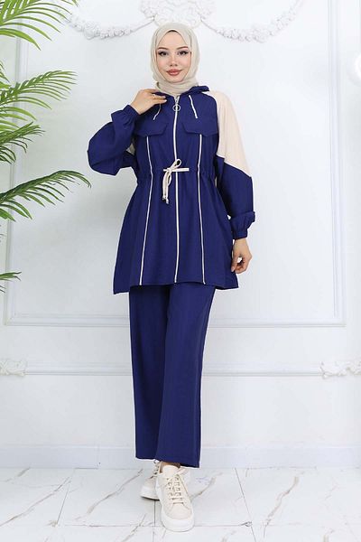 benguen Blue Waist Tie Suit 4737 Model Striped