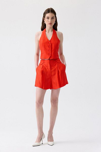 rue. Striped Mini Red Shorts with Pile Detail