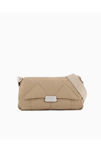 Emporio Armani Women's Removable Shoulder Strap Snap Fastener Metallic Logo Closure Quilted Beige Shoulder Bag Ew 001775