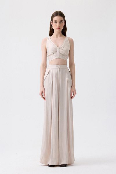 rue. Wide Leg Pleated Detailed Ecru Trousers