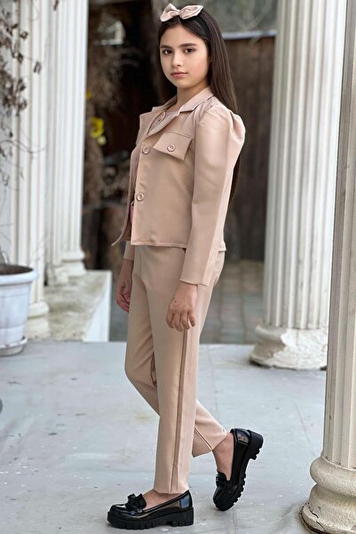 Riccotarz Κοριτσίστικο αμάνικο χτενισμένο βαμβακερό πουκάμισο με λεπτομέρεια τσέπης Μπλέιζερ παλτό ζώνη παντελόνι Κρεμ κάτω μπλούζα