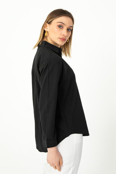 Nuevo Siyah Oxford Dokulu Rahat Kesim Kadın Gömlek – Minimal & Şık