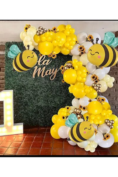 Çemrek Süs Parti Bee Daisy Concept Balloon Set Yellow White Gold Chrome Balloon Chain Set 100 Pcs