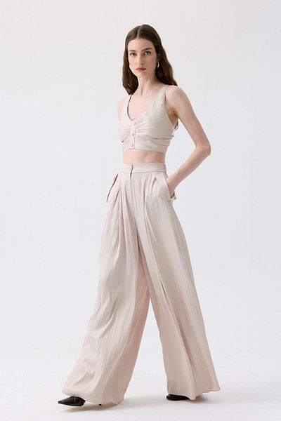 rue. Wide Leg Pleated Detailed Ecru Trousers