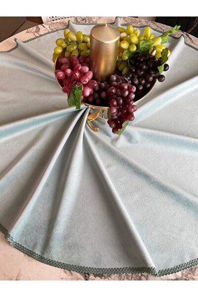 Hyatt Concept Mint-mavi Renkli kadife yuvarlak masa örtüsü/fiskos-sehpa örtüsü
