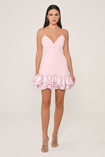 ALFABETA Women Strapless Ends Ruffle Satin Fabric Short Pink Evening Dress & Homecoming Dress Ab6922-Pink