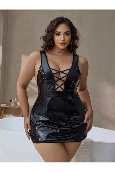 randevu Open Back Mini Leather Shiny Dress