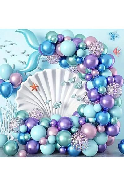 Çemrek Süs Parti Chrome Purple Blue Green Sequin Transparent Mint Pink Balloon Chain Set 101 Pcs Mermaid Concept