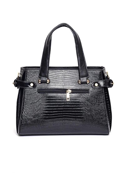 Armine Women's Shoulder Bag Crocodile Patterned Black Modern Bag Black Bag