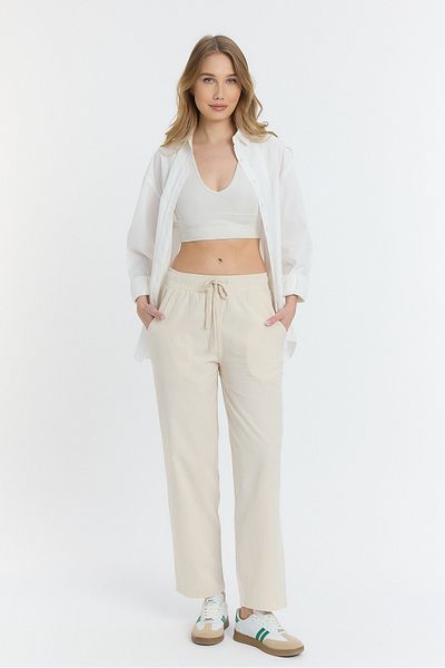 BLUETIFUL Women's Linen Summer Loose Cut Trousers Beige Model