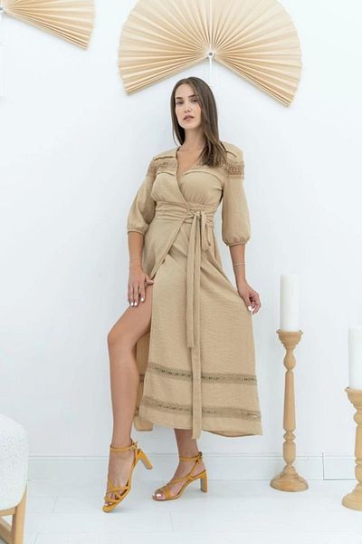 trend henna Λινό φόρεμα με λεπτομέρεια δαντέλας βιζόν