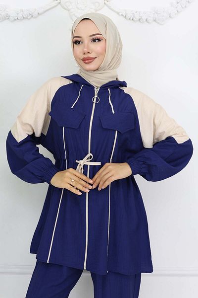 benguen Blue Waist Tie Suit 4737 Model Striped