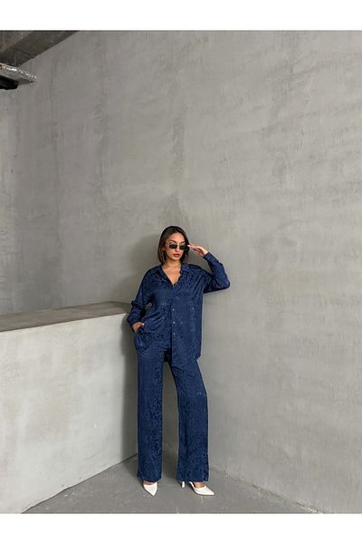 BEJNA Marineblauer Satinanzug mit Leopardenmuster für Damen