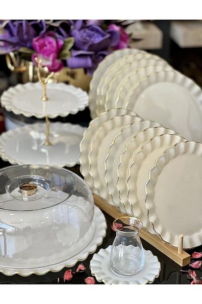 Onedekor 28 Piece Solid Cream Gold Gilded Cake Tea Serving Catering Set for 6 People