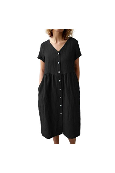 1tarz Rahat Keten Yazlık V Yaka Önü düğmeli Elbise