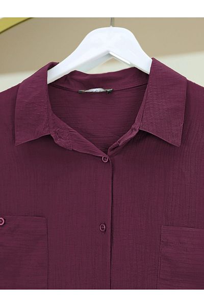 Modamorfo Tunica de cămașă pliată cu mâneci tăiate ovală cu buzunar dublu - Burgundy