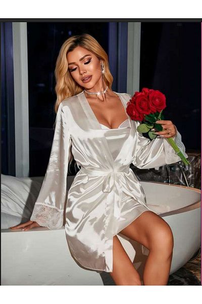 Bleu Petite Ecru Satin Fabric Dressing Gown Nightgown Set