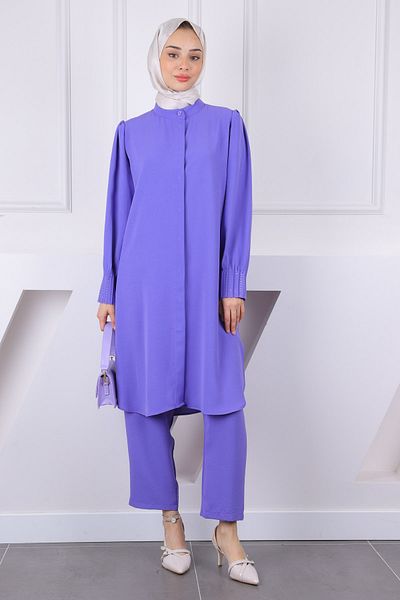 İmajButik Lilac Judge Collar Sleeve Ribbed Tunic Pants Suit
