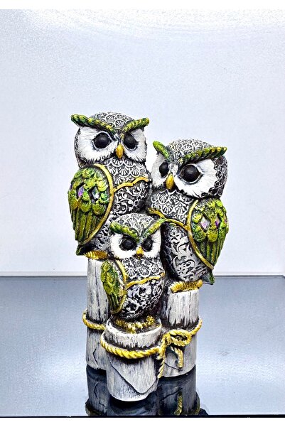 AYCEM Kütükte Üçlü Baykuş Ailesi Polyester Ayna Kristalli Biblo Heykel Ev Ofi...