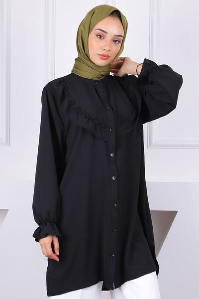 İmajButik Black Ruffled Front Ayrobin Tunic