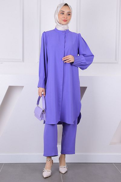 İmajButik Lilac Judge Collar Sleeve Ribbed Tunic Pants Suit