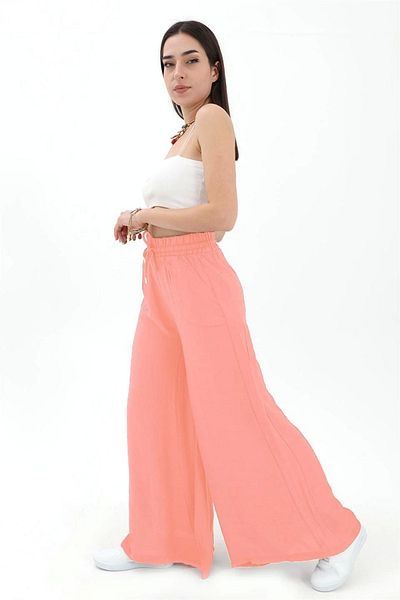 GIDY Wide Belt Wide Leg Straight Linen Women's Trousers - Coral