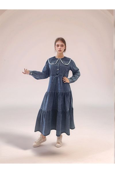 Asortik Kids Young Girl's Long Length Modest Denim Dress Suitable For-100% Cotton Long Denim Dress