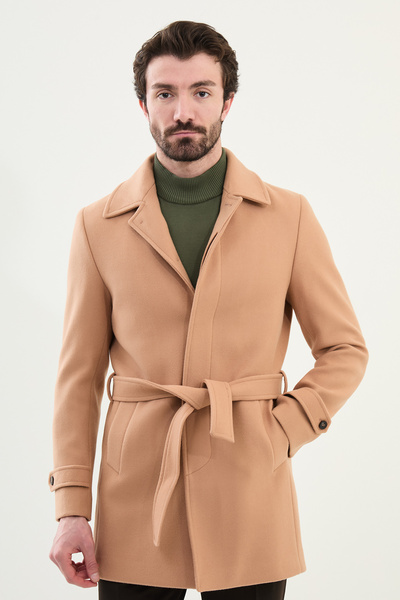 Mcr Düz Slim Fit Gömlek Yaka Kuşaklı Kaşe Erkek Kaban Vizon - 21288.23K