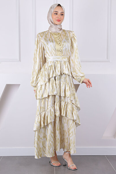 İmajButik Βραδινό φόρεμα από σατέν με πολυεπίπεδη φούστα με πράσινο σχέδιο λα...