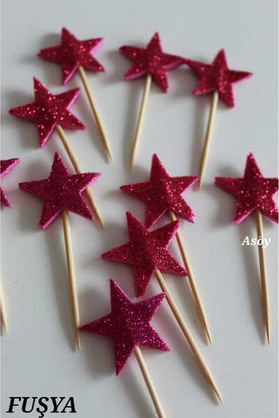 asöy Fuşya Kürdan Yıldız Simli Eva 10 adet  Cupcake Süsleri 3 Cm
