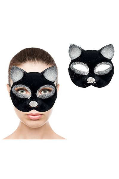 Skygo Black Color Silver Glitter Suede Coated Cat Mask 18x14 Cm