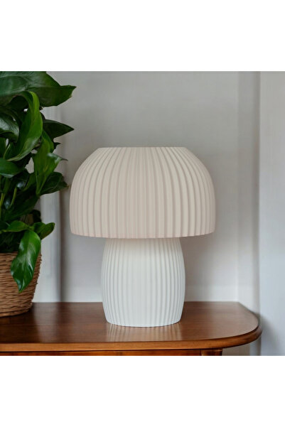 Noxor Design Fungio Abajur - Bej Başlıklı | Minimalist - Şık | Masa - Gece Lambası | Led Ampullü